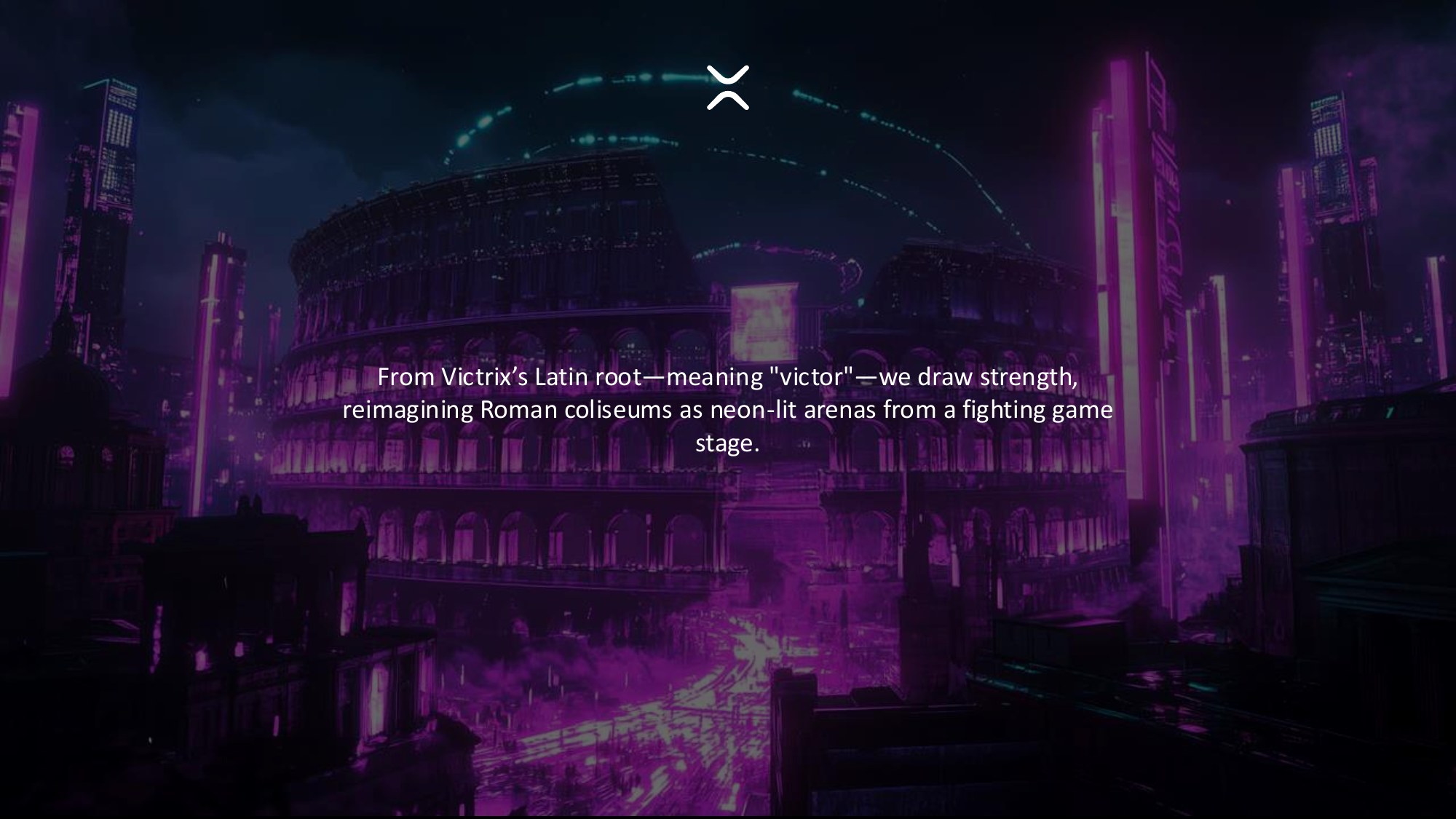 Victrix, the Neo-Imperium, neon-lit cyberpunk Roman arena city